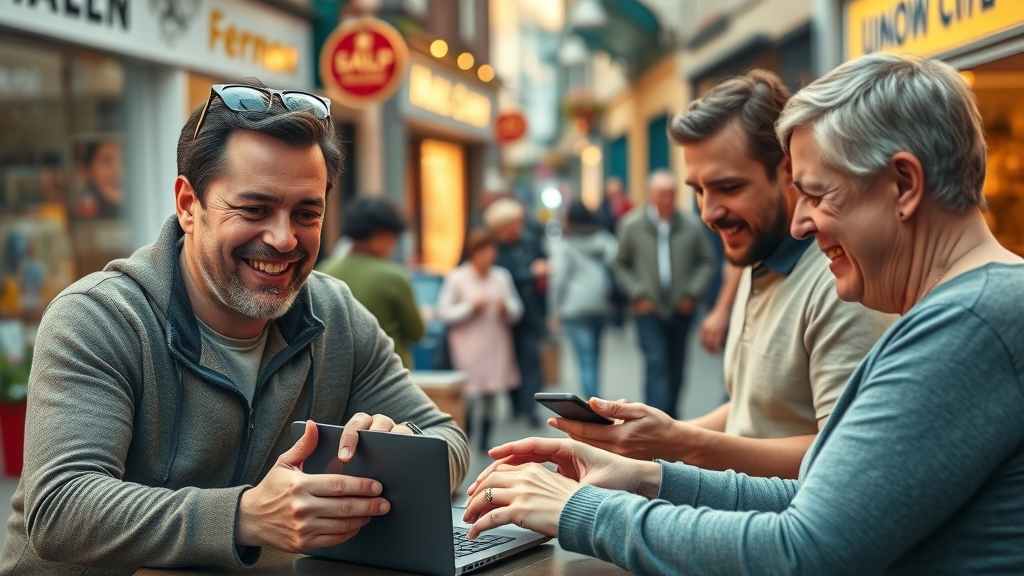 welcoming local shop owners engaging with Monmouthshire residents online, building digital community and involvement through social media marketing Monmouthshire.