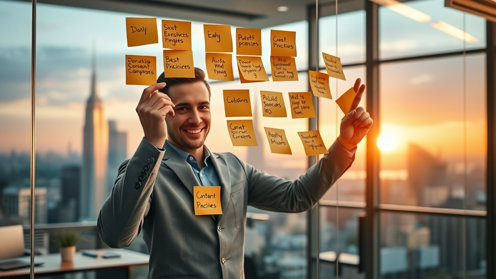 search engine optimization expert arranging SEO best practices on glass wall
