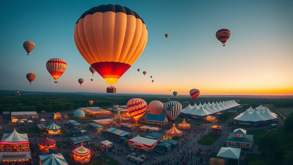 Panoramic of NWA hot air balloon festival with glowing balloons over Bentonville crowd.
