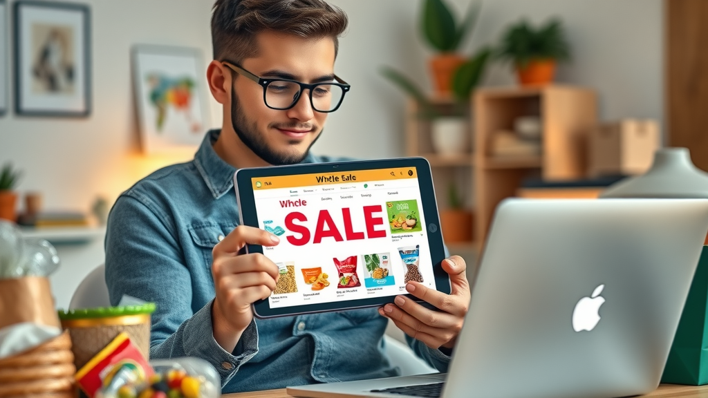 Young shopper exploring whole sale foods deals on digital platform at home