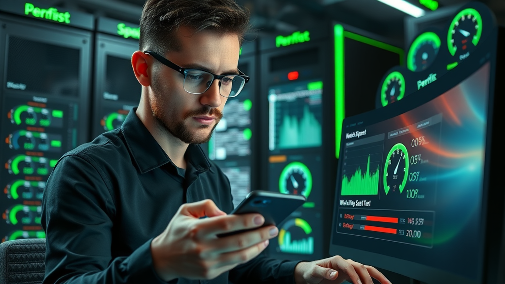 tech-savvy developer analyzing website speed and mobile optimization