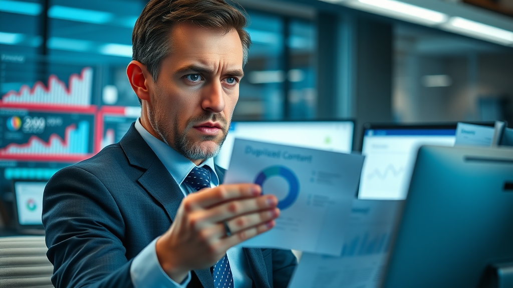 Marketing professional reviewing duplicate content warnings on a digital dashboard, concerned over SEO penalties