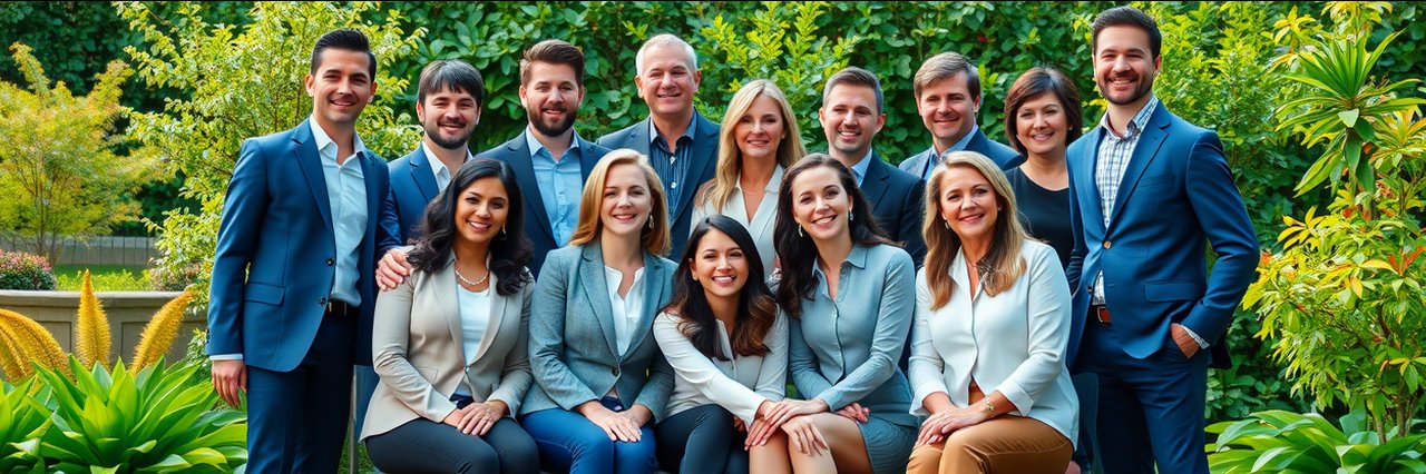 Real estate agents team outdoors, home selling process, lush garden background.