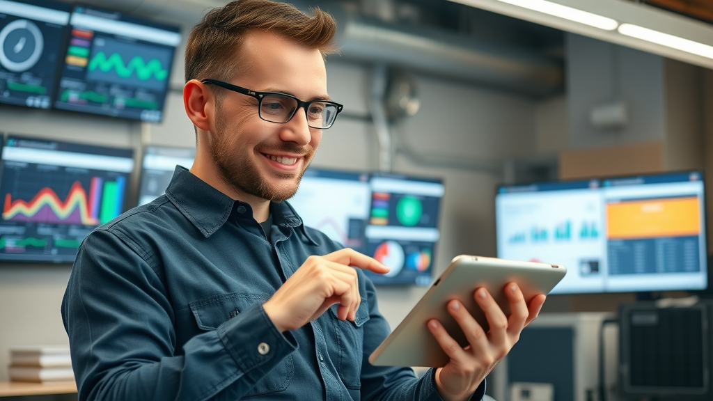 hvac online reviews improvement technician reviewing feedback on digital tablet in busy HVAC office