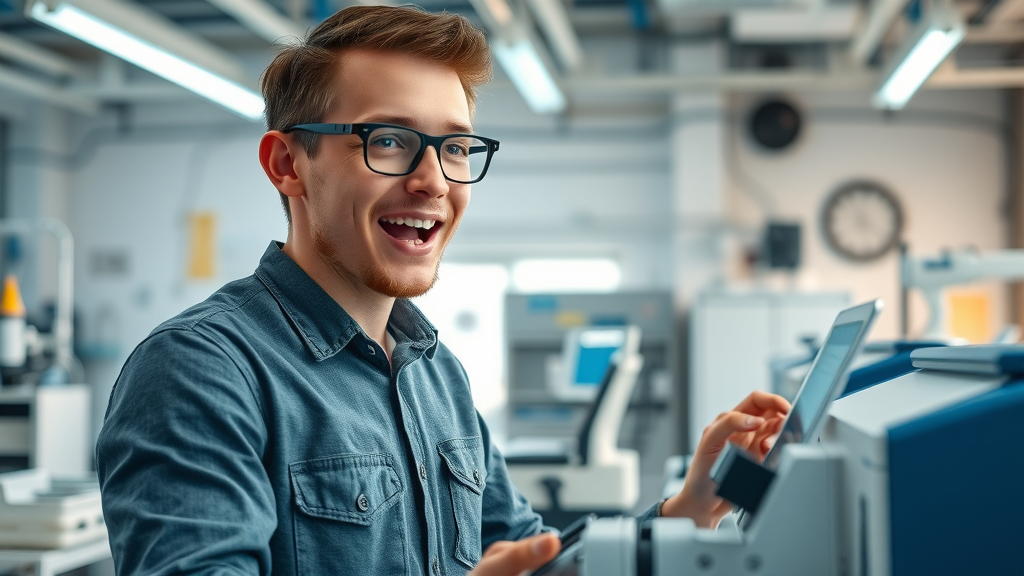 Young entrepreneur using cutting-edge business equipment financed through startup equipment financing.