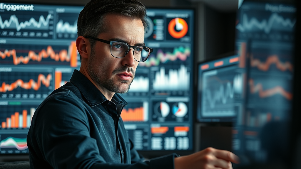 digital analyst tracking audience engagement metrics across multiple screens, displaying animated stats and illuminated charts
