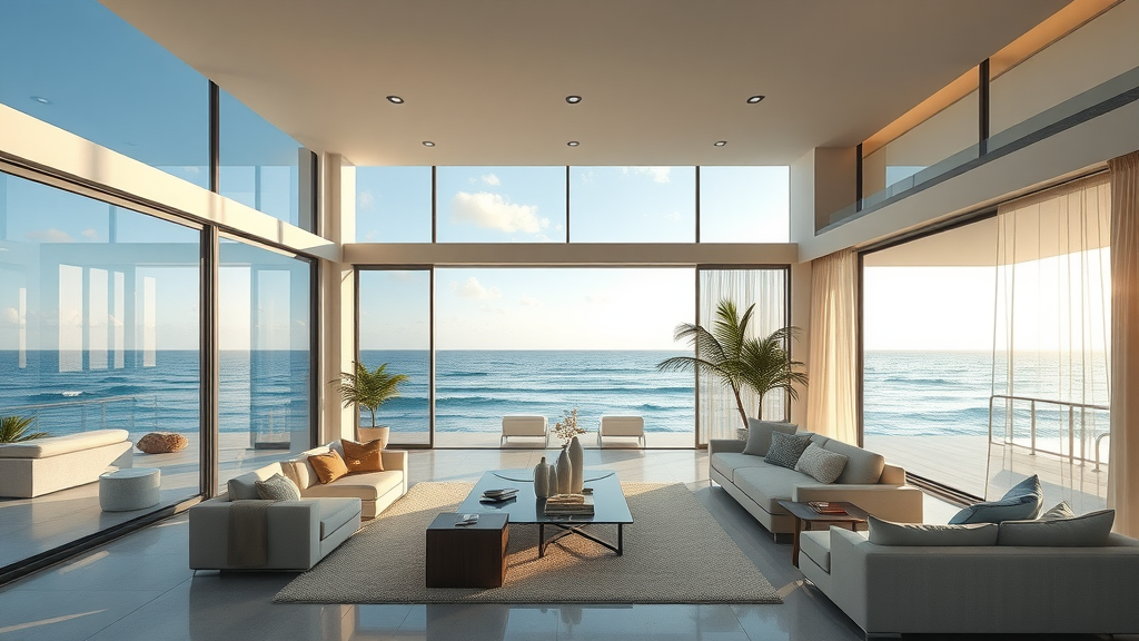 Modern luxury beachfront home with panoramic ocean views for luxury real estate sales.