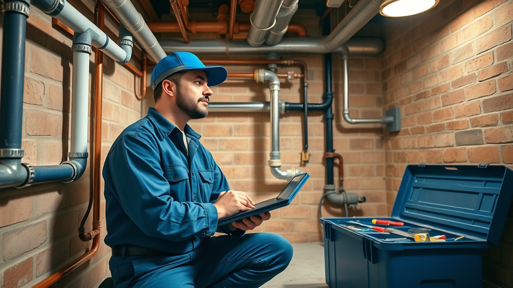 Plumbing and drain services expert inspects basement piping for blockages