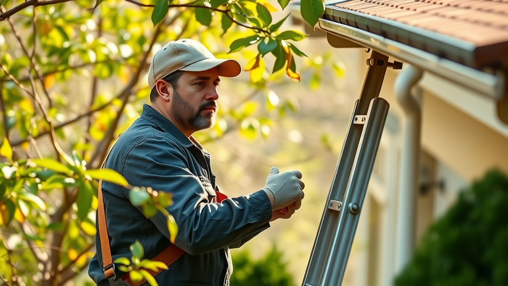 Diligent worker cleaning gutters on Staten Island home in spring - gutter installation and maintenance for reliable roof