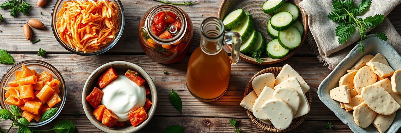 Assorted probiotic fermented foods on rustic table in natural light