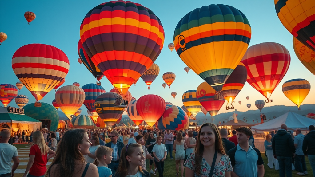 Vibrant NWA hot air balloon festival at dusk with glowing balloons and excited families.