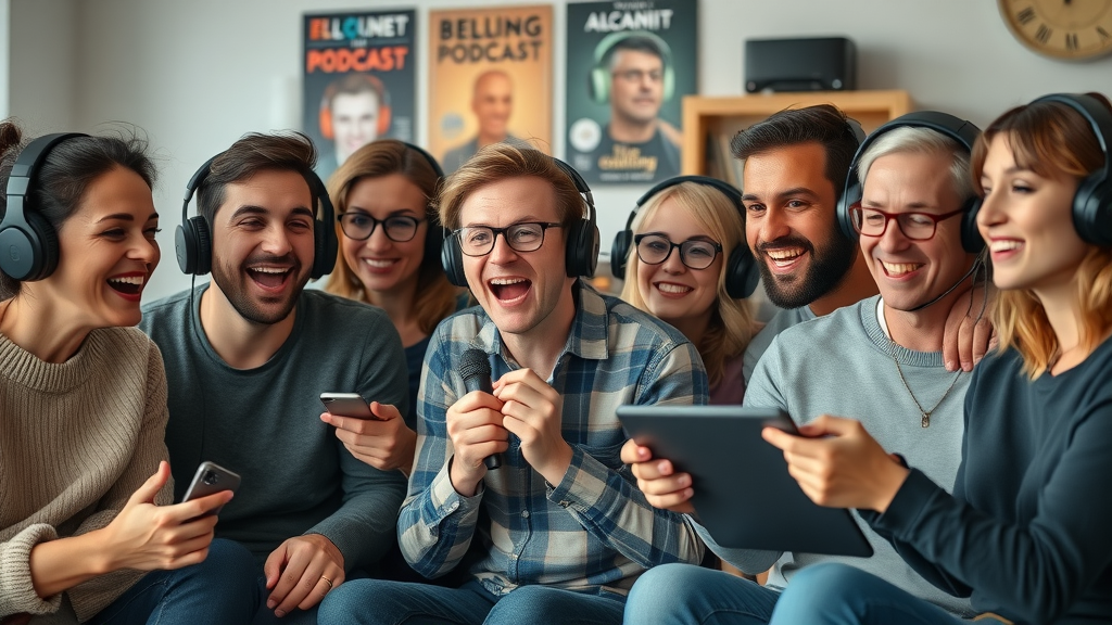 dynamic group of diverse people listening to a podcast, representing podcsting trends