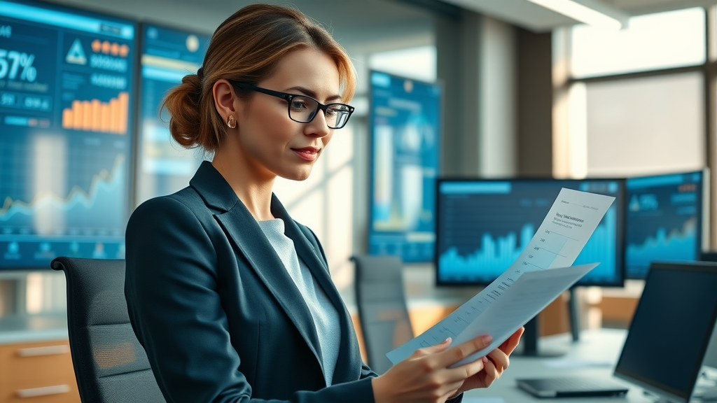 Businesswoman analyzing increased sales and trust following 5 star reviews