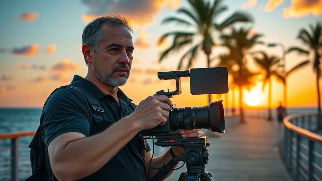 professional video production, videographer filming at Jensen Beach boardwalk at sunset