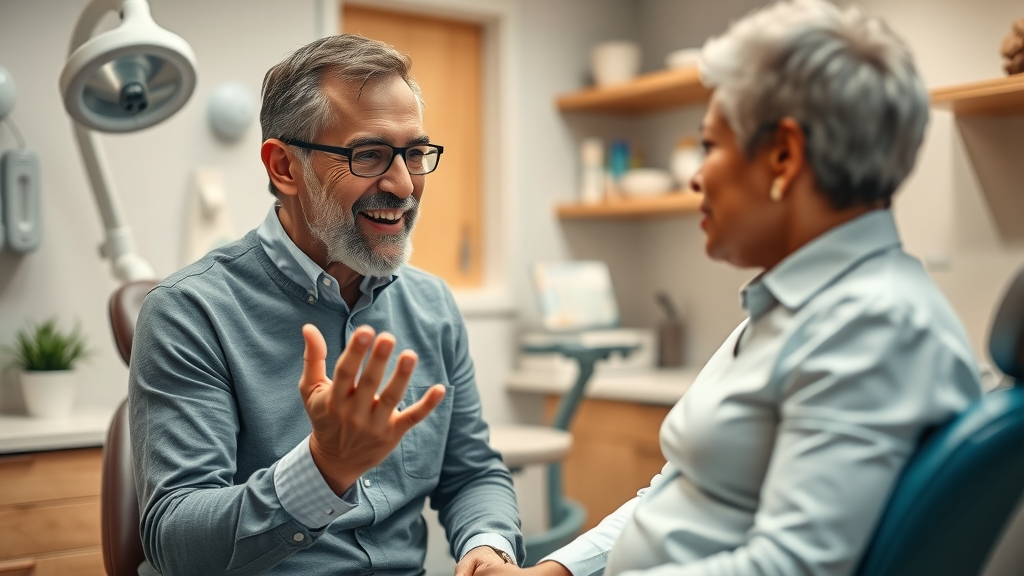 Cosmetic dentist in Miami explaining payment plans for teeth whitening in Miami to an engaged patient