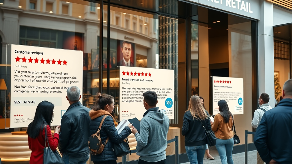 Retail storefront with customer 5 star reviews on display