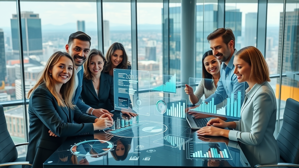 Business team at oab consulting inc collaborating with digital tools in modern office