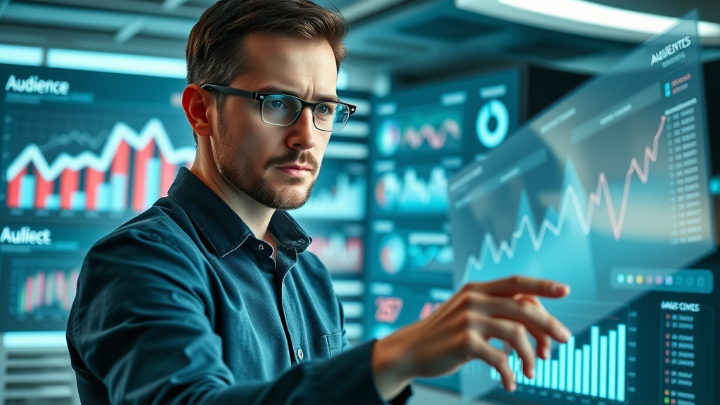 smart content marketer analyzing audience research data in a digital workspace