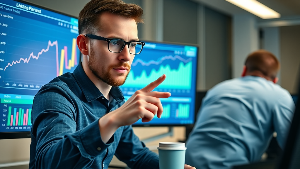 digital marketer reviewing link building metrics dashboard, tracking campaign results