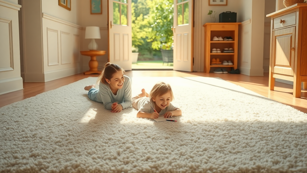 Sunlit entryway with clean carpet and happy family after carpet cleaning service