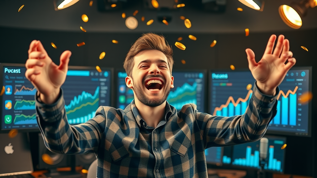 podcaster celebrating podcast monetization and financial success