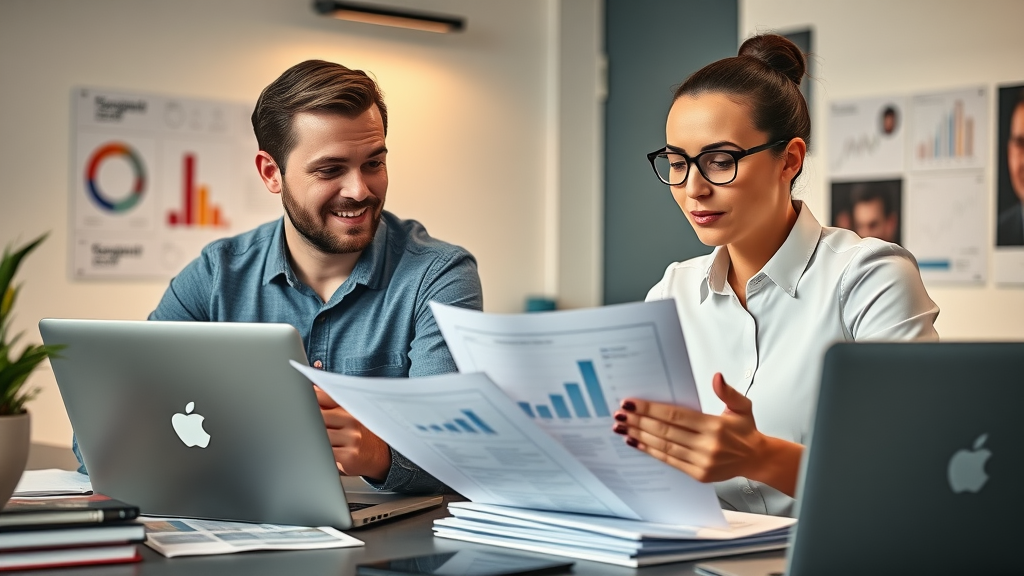 Comparing digital and traditional marketing tools, Monmouthshire marketers collaborating over laptops and print materials, modern branding, campaign results analysis, business marketing teamwork, clear details, no disfigured limbs or text