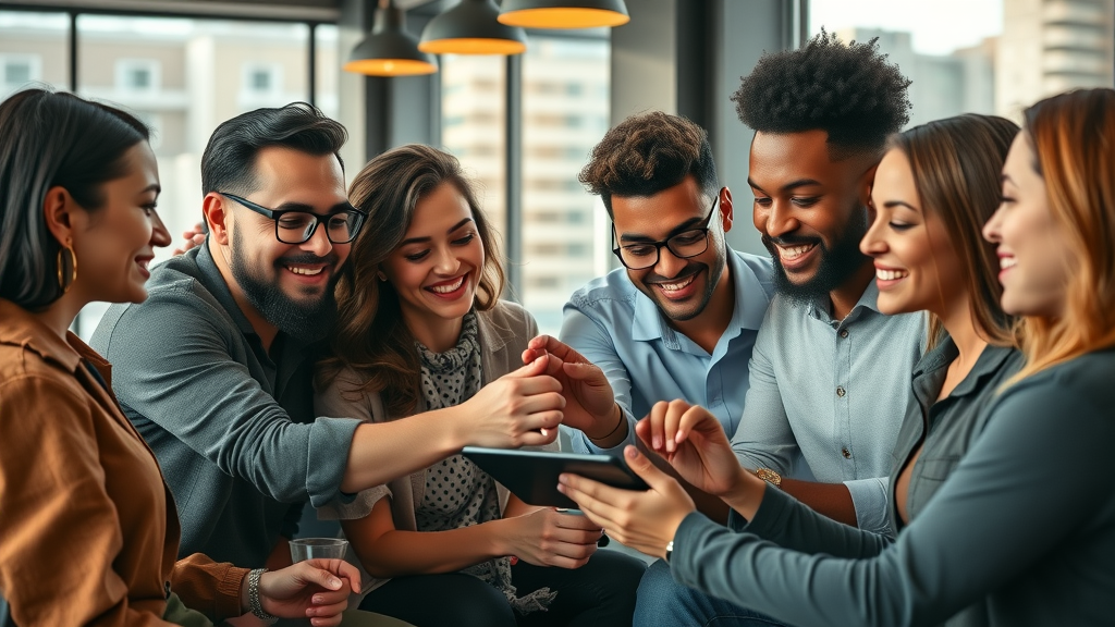 diverse group of influencers and partners collaborating on content marketing with digital tablet