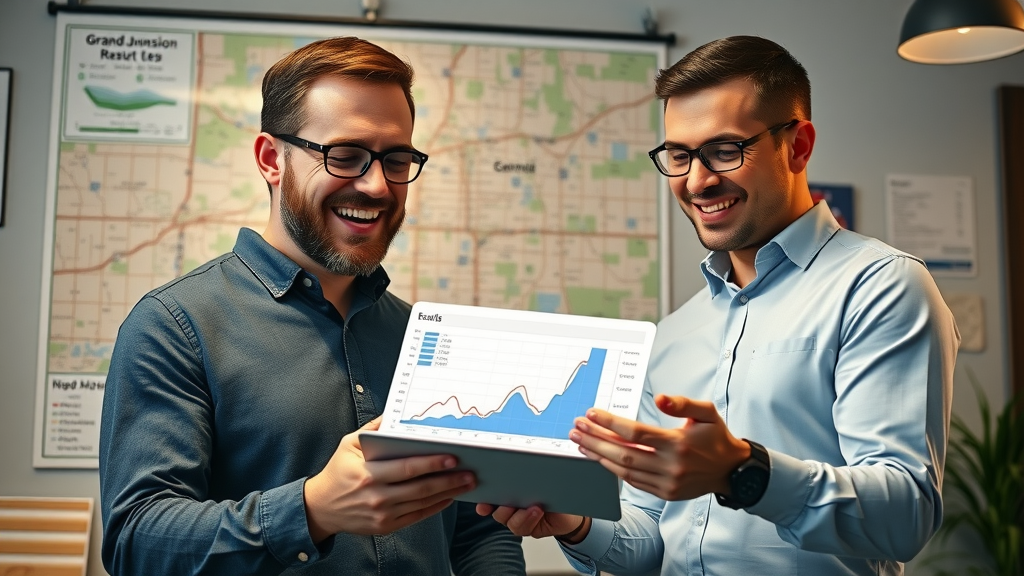 Business owner and SEO company expert celebrate SEO growth in Grand Junction