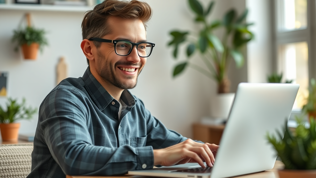 Entrepreneur working on laptop to create Shopify store in home office, natural lighting and modern setup.
