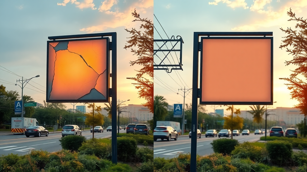 comparison of damaged and well-maintained business signs illustrating cost savings with regular maintenance