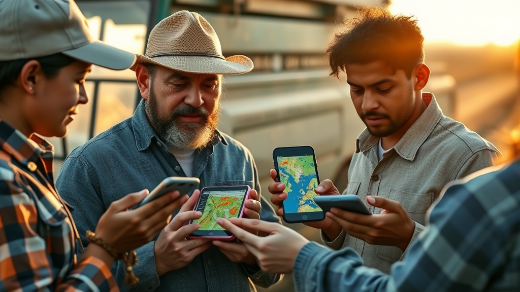 international farm management team with digital crop maps and agriculture technology