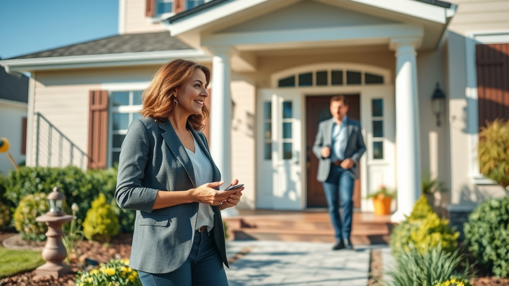 Real estate expert providing home buying services at beautiful house entrance
