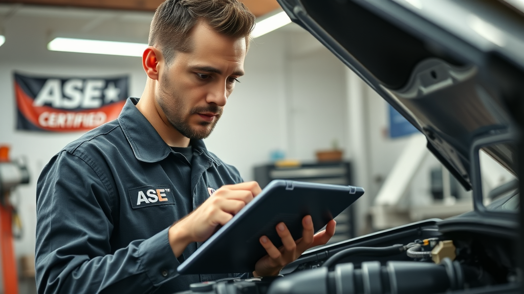 ASE-certified mechanic diagnosing a car with a tablet, professional auto repair in Irving TX