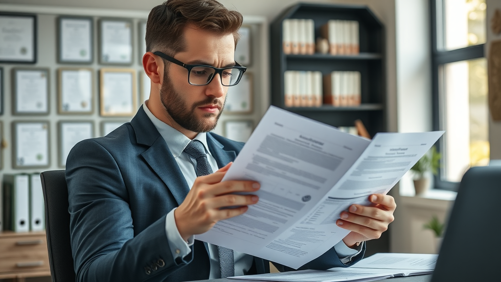 Business owner reviewing legal documents for Shopify store in a modern, well-lit office workspace.