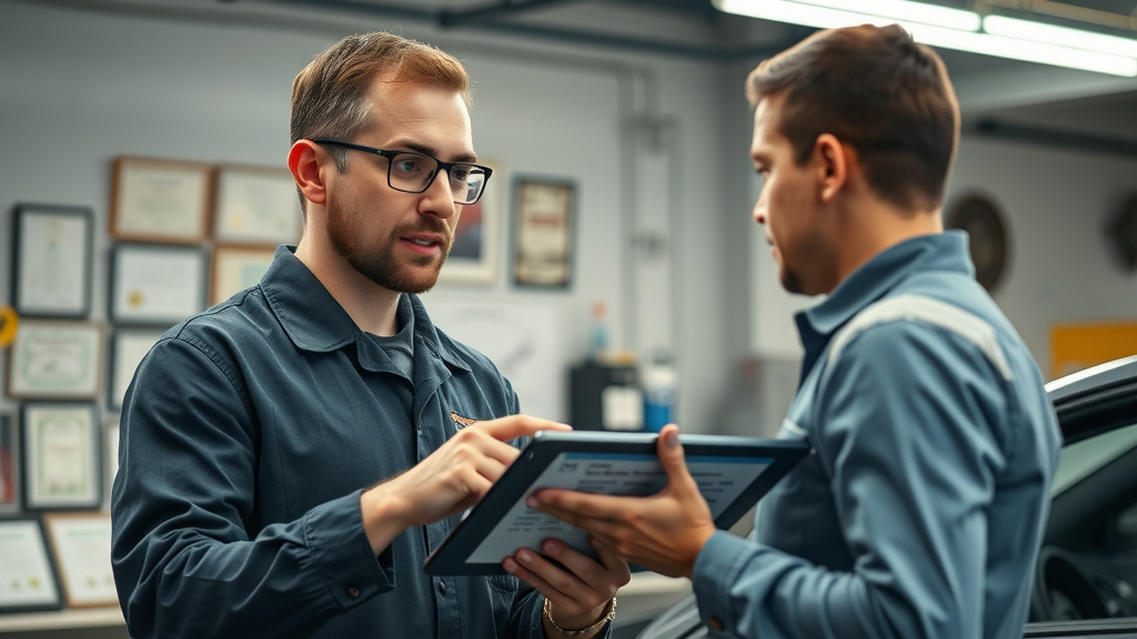 Knowledgeable mechanic reviews diagnostic results with customer at best auto repair shop in Irving TX