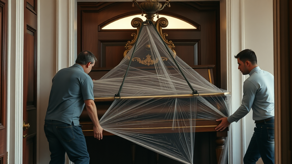 specialized mover crew maneuvering a large antique piano through doorway with protective wraps during a local move