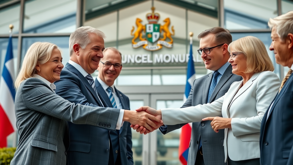 Monmouthshire County Council officials shake hands with business leaders in formal agreement, council building with flags, professional celebratory partnership, daylight, clear handshake, official blue accents, no disfigured limbs or text