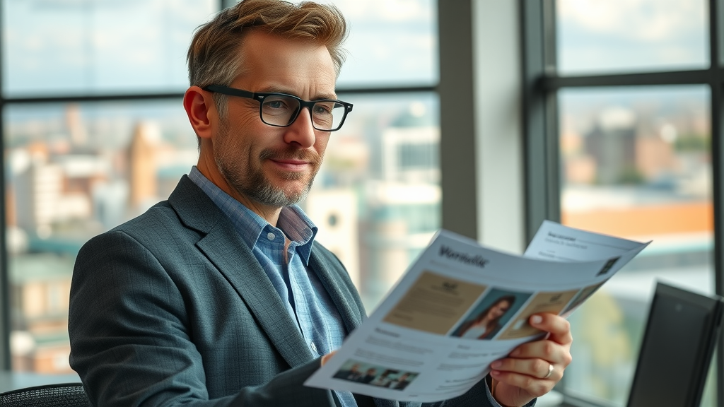 inspiring local business owner reviewing branding materials in a modern Monmouthshire workspace, branding services Monmouthshire, natural daylight with landmarks in the background