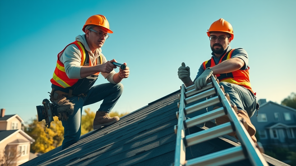 professional roofing contractors repairing steep shingle roof Staten Island, safety equipment, clear sky, detailed action