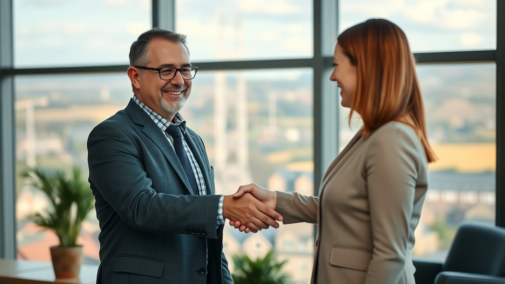 trustworthy business consultant forming a marketing partnership in Monmouthshire, handshake in elegant corporate office, panoramic local views, warm sunlight