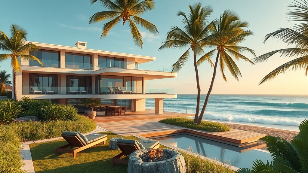 Luxury coastal living mansion by the beach at sunset with ocean views