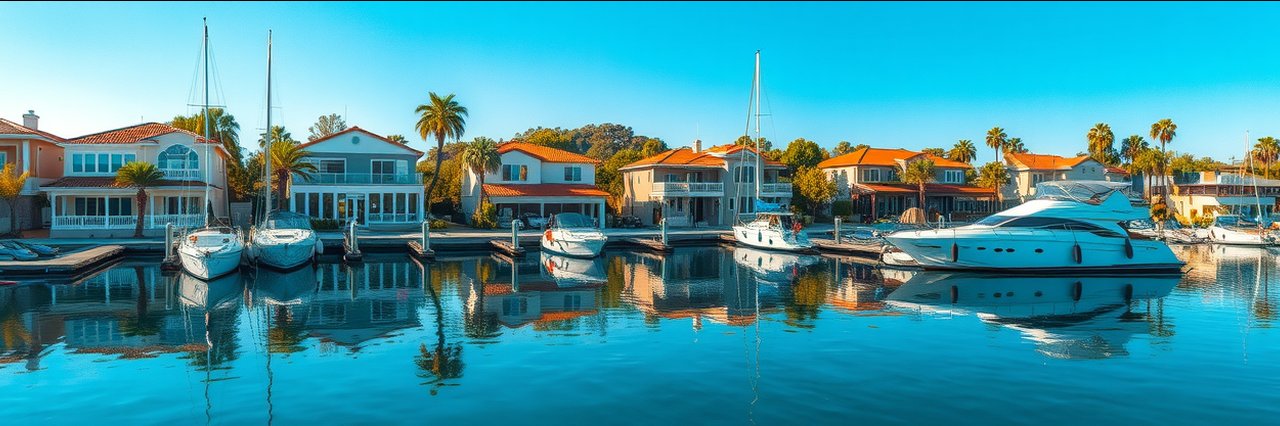 Luxury waterfront Huntington Beach homes by marina with yacht and palm trees