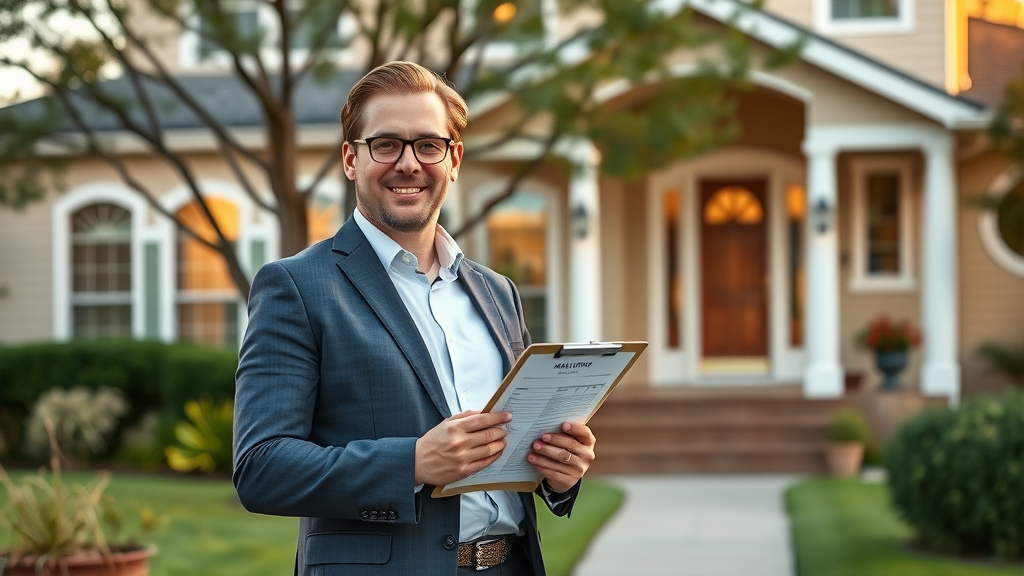 Expert offering home valuation services outside a beautiful updated suburban property