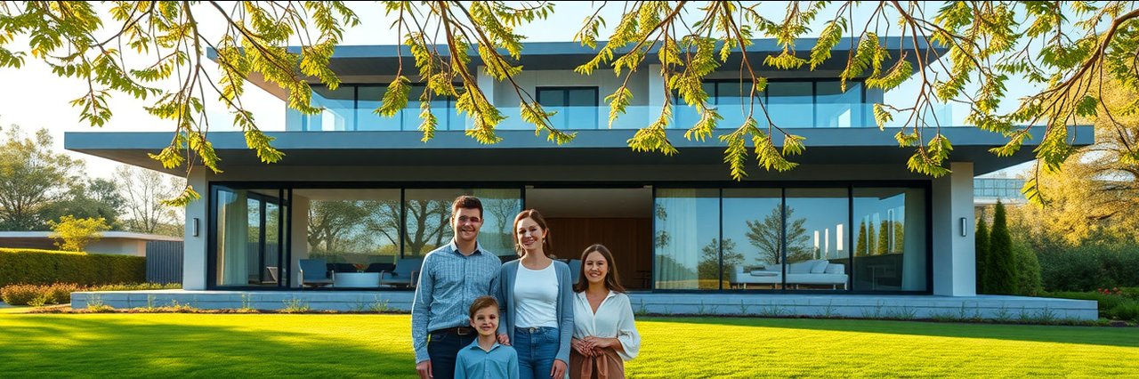 Modern photorealistic luxury real estate home with family, sunlit and vibrant