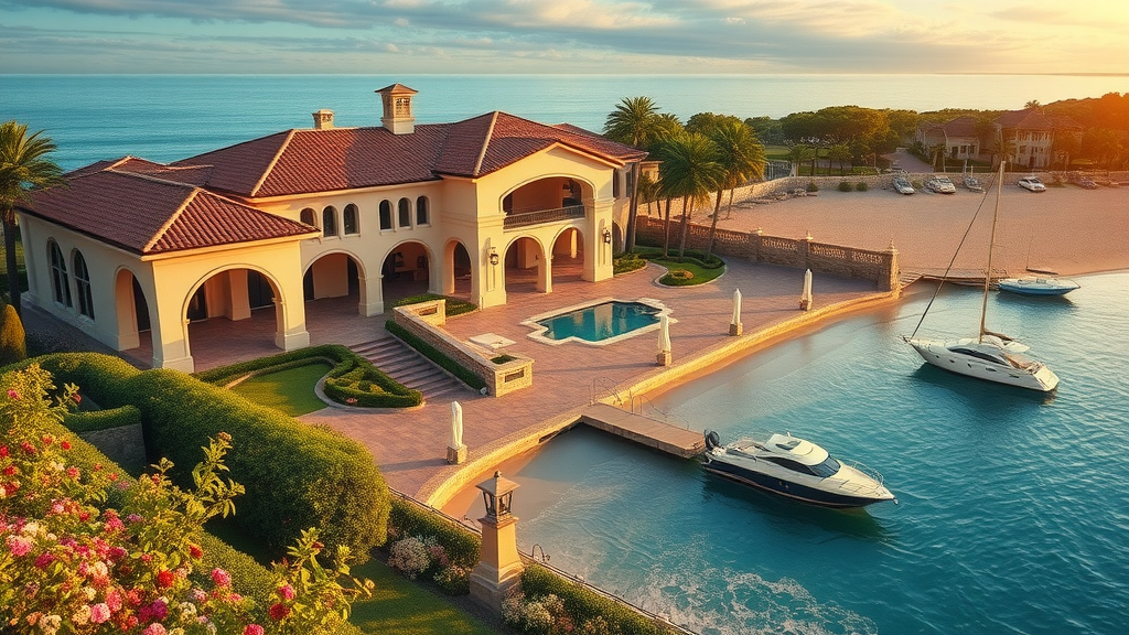 Mediterranean luxury Newport Beach estate by water with dock and yacht, sunset.