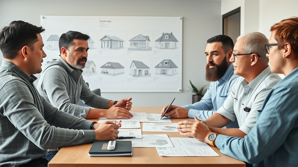 roofing contractor staten island diverse team of roofers in a modern office consulting a client with material samples, bright interior, detailed, Staten Island roof diagrams in background