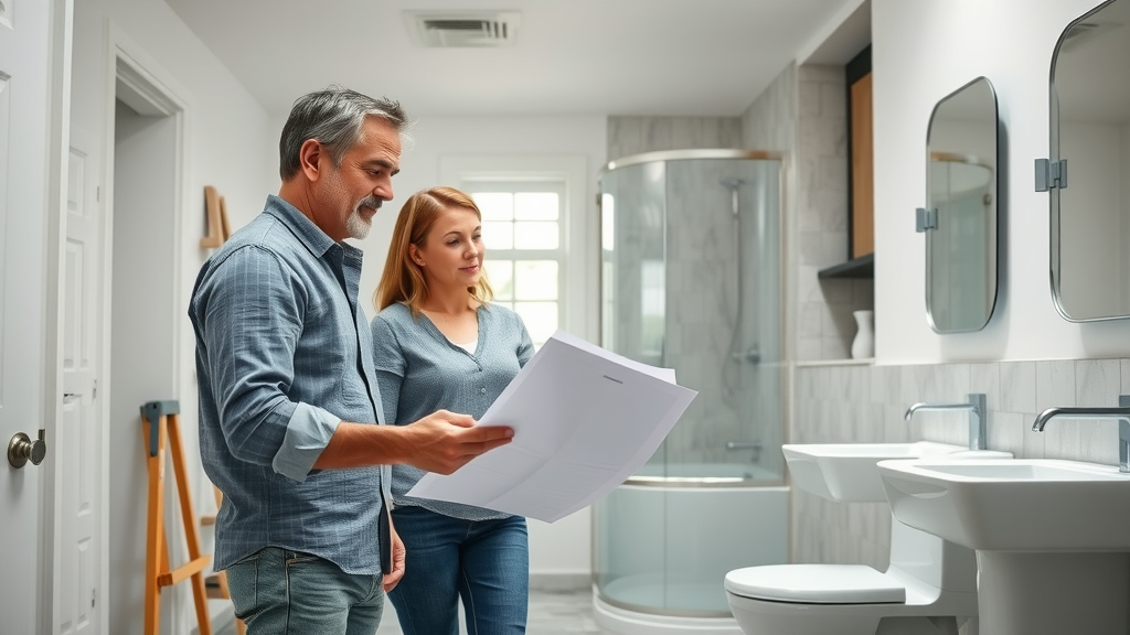 Homeowners review renovation plans for targeted renovations with contractor