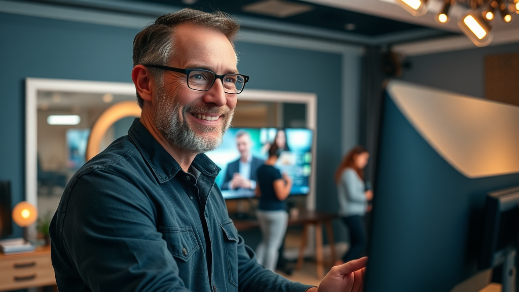 jetty productions, creative director reviewing professional video footage in Jensen Beach studio