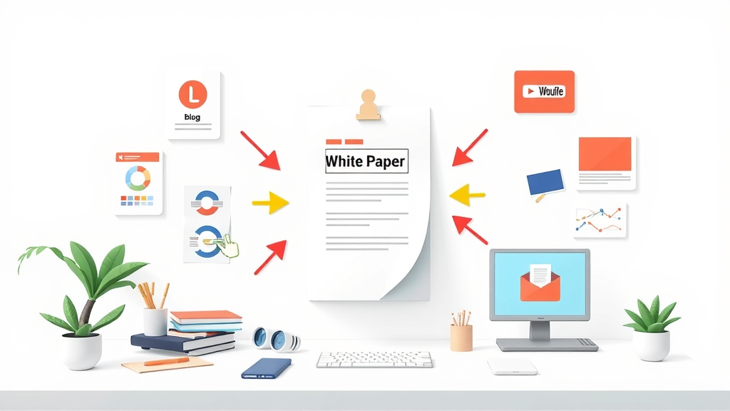 Infographic showing the transformation of a white paper into blog posts, infographics, and video content for content repurposing