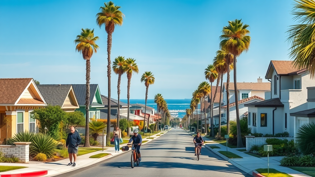 Vibrant Huntington Beach real estate community with coastal homes and palms